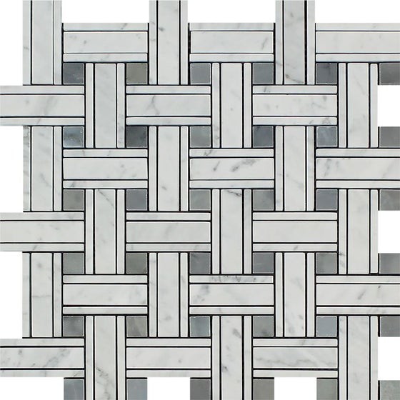 Bianco Carrara Honed Marble Tripleweave Mosaic Tile (w/ Blue-Gray)