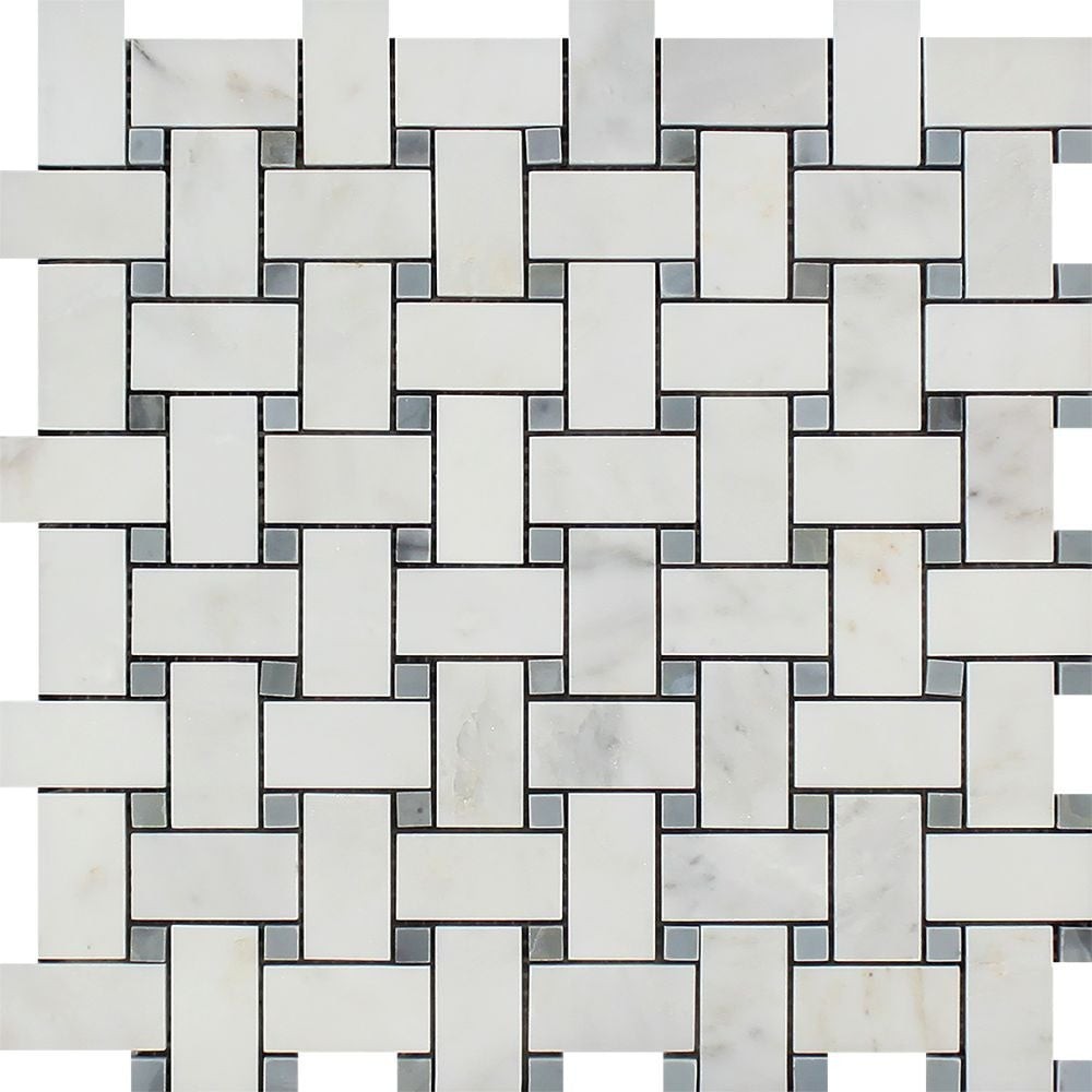 Thassos White Honed Marble Basketweave Mosaic Tile w/ Blue-Gray Dots
